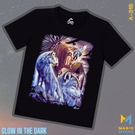 Black T-shirt Caballo Original Native with Wolfs Nature View Realistic Print Glow in the Dark Unisex