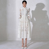 White Lace Womens Dress with Belt Spring Runway Design Party Vestido Ladies Hook Flower Hollow Elega