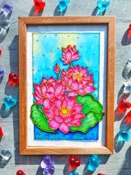 彩色玻璃画粉红色荷花25x17.5厘米墙上挂着原始装饰