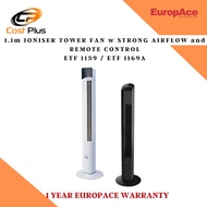 EuropAce ETF 1139 / ETF 1169A: 1.1m IONISER TOWER FAN w STRONG AIRFLOW and REMOTE CONTROL - 1 YEAR W