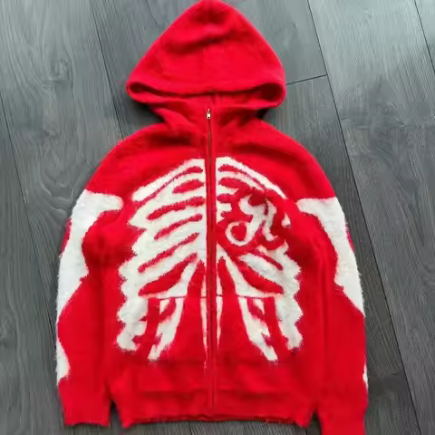 European and American winter loose zipper hooded cardigan knitted sweater punk skeleton frame patter