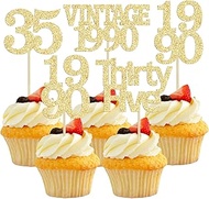 Gyufise 24Pcs Happy 35th Birthday Cupcake Toppers Glitter Thirty Five 35 Fabulous Vintage 1990 Cupca