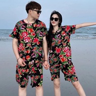[3 Colors] M-5XL Chinese Northeast Big Flower Unisex Short Sleeved Shorts&T-shirt Plus Size Ethnic C