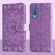 Magnetic Leather Wallet Flip Case For Samsung Galaxy A7 2018 A730 A730F A750F Embossed Sunflower Pho