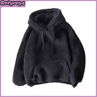 Women Winter Hoodie Solid Color Hooded Long Sleeves Drawstring Patch Pocket Keep Warm Plush Pullover