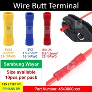 10pcs / 50pcs 1 to 1 Wire Connection Connector BV1.25 BV2 BV5.5 Insulated Wire Butt Connector Termin