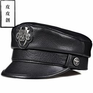 『皮皮創』原創設計手作真皮海軍帽。歐美復古山羊皮大盤真皮平頂帽男女個性帥氣龐克徽章機車騎士帽時尚短檐真皮報童帽潮