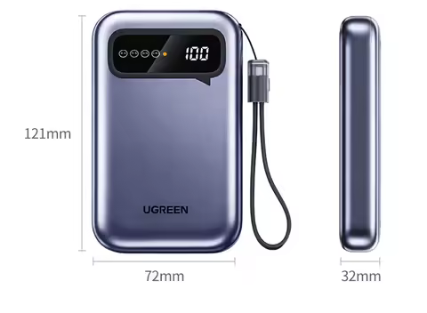 20000mAh UGREEN Portable Charger, 22.5W Fast Charging Power Bank with Built-in Cable, 3C Certified f