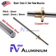 T8 Lead Screw Thread diameter 8mm Pitch 2mm Lead 2mm / 8mm Rod + Copper Nut for 3D Printer Screw 3D 