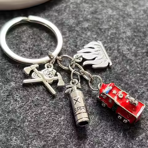 Fire Engine Fire Extinguisher Axe Fire Cap Fire Dept Pendant KeyChain Fireman Firefighter Key Ring M