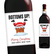 6pcs Festive Christmas Santa Wine Bottle Labels, "Bottoms Up!" Merry Christmas Gift Tags, Waterproof