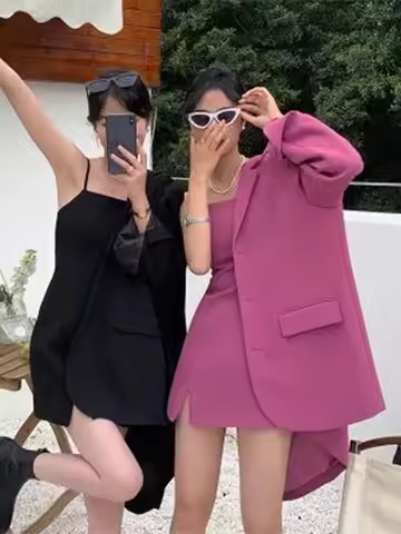 Casual Blazer Women Loose Fashion Elegant Sweet Slip Dress Sets Female 2024 Spring New Korean Solid 