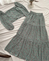 Set Váy Hoa Nhí Xanh Cổ Trễ Vai  Nàng Thơ Vintage A2321