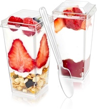 50 Pack 3 oz SquareDessert Cups with Lids and Spoons Plastic Shooter Dessert Cups Parfait Cups Small