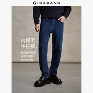 GIORDANO Men Jeans Fleece Lined Mid Rise Denim Jeans Five-Pocket Regular Fit Fashionable Casual Deni