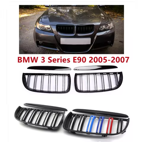 1 Pair Front Grilles Gloss Black Kidney Grill For BMW 3 Series E90 E91 2005-2007 Carbon Fiber Replac