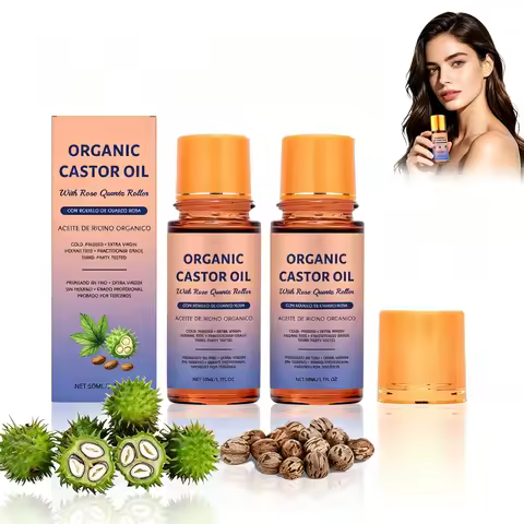 Organic Castor Oil With Rose Quartz Roller Cold Pressed Hexane-Free Skin Soothing Moisturizing For F