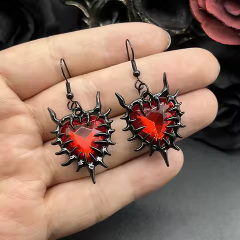 Spiky Red Glass Heart Pendant Earrings for Women Men Grunge Fashion Y2K Gothic Style Earrings Charms