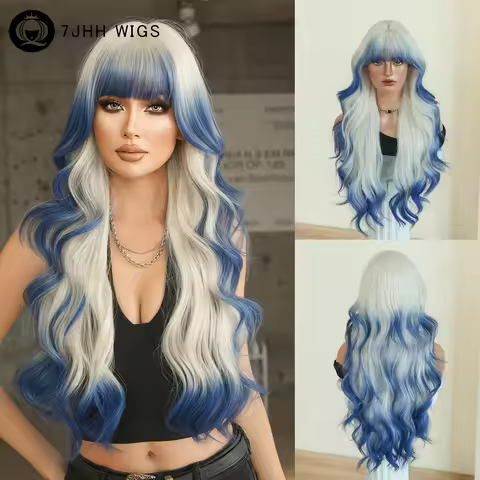 7JHH WIGS Long Body Wave White Ombre Blue Wig for Women Synthetic Elegant Modest Fashion Wear and Go