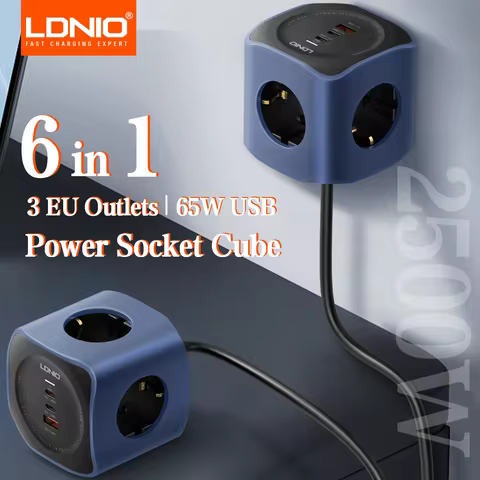 LDNIO 6-in-1 EU power strip surge protector 3 AC outlets 65W 2 USB C USB A Fast charging port 2m ext