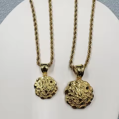 14K Gold Plated Nugget Coin Pendant Necklace, 20 Inch Stainless Steel Rope Chain, Hip Hop Streetwear