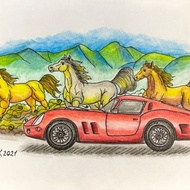 Car & Horses watercolour painting, Ferrari 250GTO, artwork, illustration, animal
