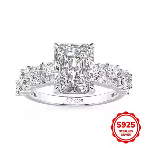 Full Moissanite Engagement Ring with Tapered Baguette Shape Diamond S925 Silver Wedding Rings for Wo