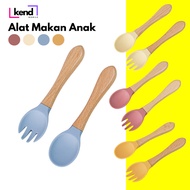 Kendmobile Silicone Spoon Fork Wooden Handle Baby Feeding BPA Free Mpasi Baby Spoon Folk