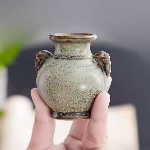 Hydroponics Chinese-style Living Room Decoration Ceramic Small Vase Green Retro Flower Vase Crafts T