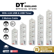 DT England 4 USB With TYPE C Charger and USB Timer Extension Socket 3 / 6 Metre Cable FOC 2 PIN KEYP