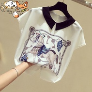 fbcro topWomen's Printed Chiffon Short-Sleeved Shirt2020New Loose Trendy Slimming Shirt Doll Collar 