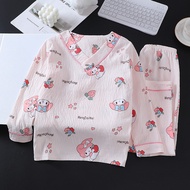 Kid's Long Sleeve V-Neck Relaxed Poly-cotton Girls' Pyjamas for 6 - 7 years baju tidur budak perempu