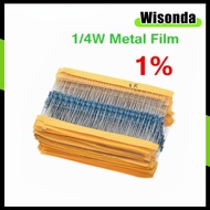100pcs 1/4W Metal film resistor 18R~2K 18R  30R 47R 100R 220R 1K 2K ohm  1% ohm resistance