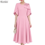 ZANZEA Women Korean Fashion Solid Color O-Neck Short Sleeve A-Line Party Dress