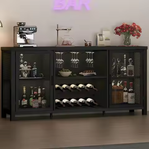 Farmhouse Style Kitchen Buffet with Coffee and Liquor Storage Cabinet