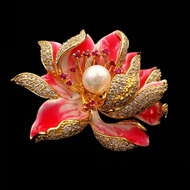 Dream Fancy Style Enameled Petal Micro Pave CZ Pink Lotus Flower Brooches Gold Tone Centered Mother of Pearl Blossom Lotus Pins