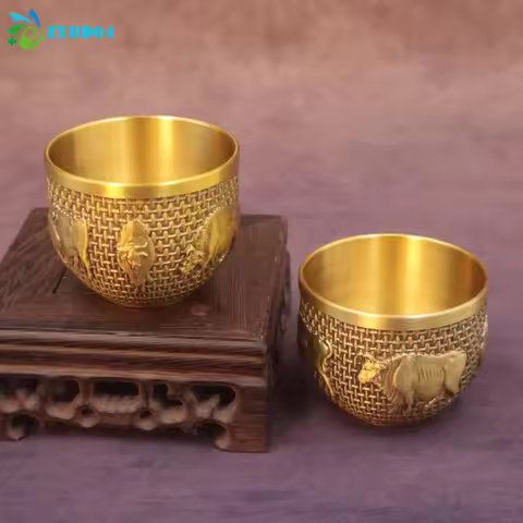 ●Brass Fu Bowl Desktop Lucky Decor Hand Carved Brass Drinking Cup Treasure Bowl Metal Artifact Gifts