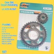 GEAR GIR SET DEPAN/BELAKANG 428-14T/36T/38T/40T SUPRA FIT NEW/KHARISMA/REVO/BLADE/SUPRA X 125/KIRANA