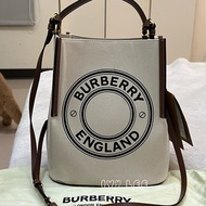 BURBERRY 8026824  棕色皮革水桶包 印花logo 徽標圖案帆布 手提 肩背 正品 二手精品