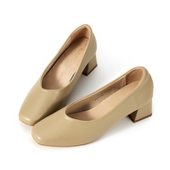 HERLS Heel Shoes Commuter Must-Have Full Genuine Leather Plain Square Toe Thick Olive Green