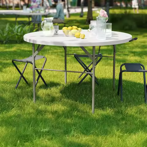 Round Folding Bi Fold Table Plastic Granite White Carrying Handle Banquet Event