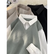 Baju sweater lelaki berlengan panjang dengan kolar dua lapis palsu, pakaian dalaman bergaya musim bu