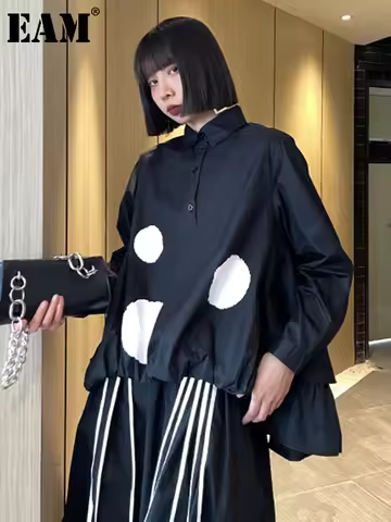 [EAM] Women Black Color-block Dot Big Size Blouse New Lapel Long Sleeve Large Hem Shirt Fashion Tide