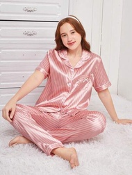 少女珊瑚粉色緞面短袖襯衫和褲子睡衣套裝