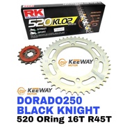 Sprocket Set KEEWAY DORADO 250 BLACK KNIGHT RK 520 KLO2 O-Ring Rivet Black Gold Chain 16-45 Spoket O