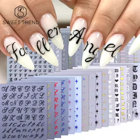 SWEET TREND 4/6/7/10/11pcs Roman Letter Nail Stickers Gold Silver Alphabet English Words Manicure De
