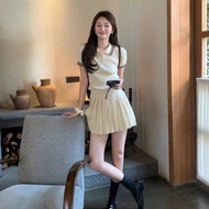 College-Style Sweet Outfit - Knit Top & Pleated Skirt Set for Women