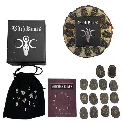 16Pcs/set Wooden Witch Runes Stone Set Engraved Symbol For Meditation Divination Rune Stones Set Wit