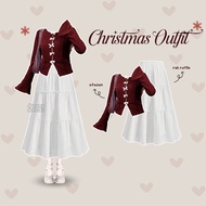 2-in-1 Korean Style Holiday Outfit Christmas Blouse Ruffle Skirt Complete Set AA340