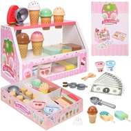Wooden Ice Cream Toys for Kids Ice Cream Counter Shop for Toddlers Pretend Play Food
